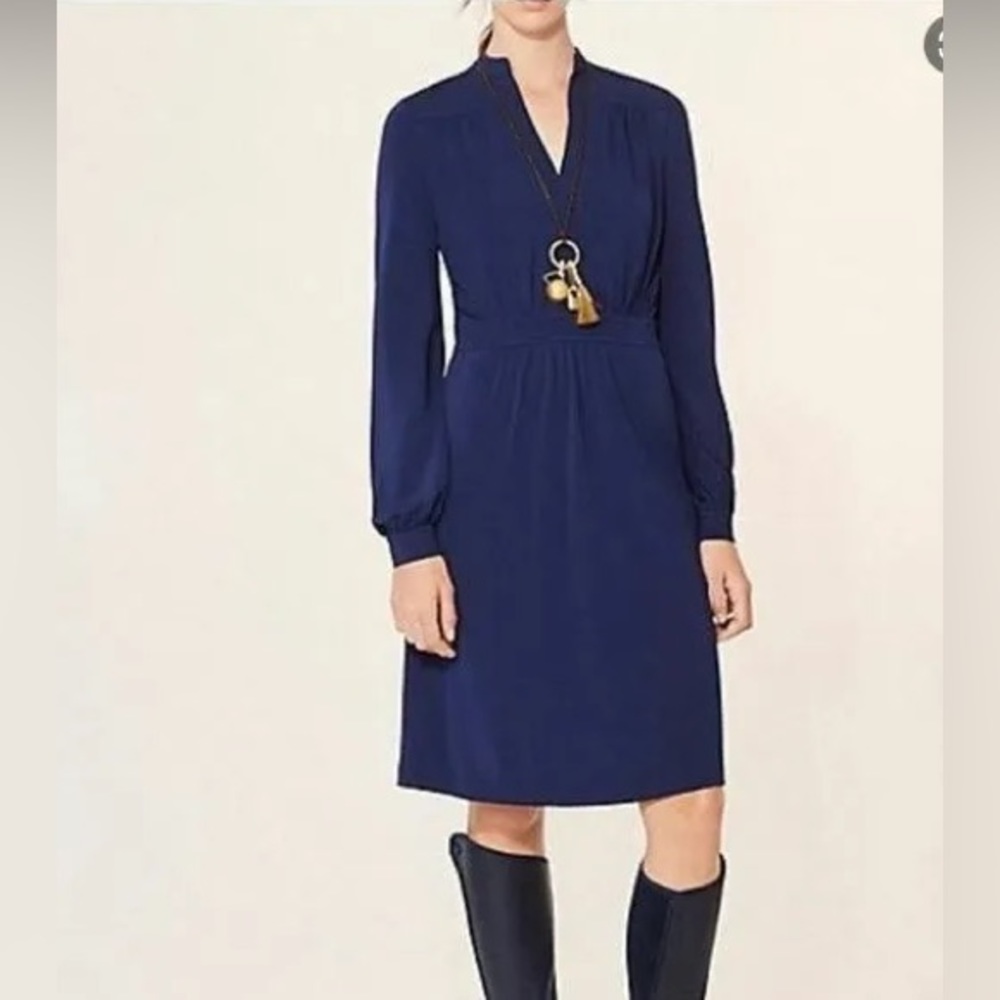 Tory Burch Womens Valentina Dress S Navy Blue Knee Length Long Sleeve V-Neck